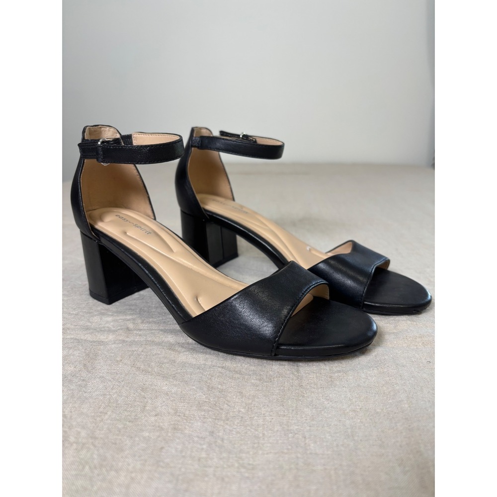 Easy Spirit Block Heel Sandals 7.5 Black Leather Ankle Strap Open Toe
